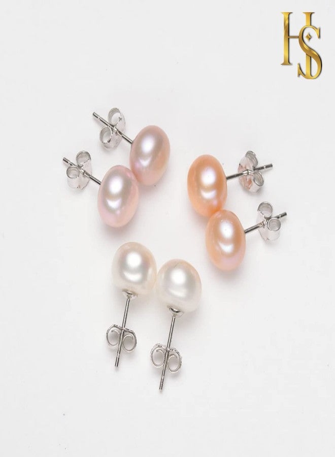 HIGHSPARK 925 Silver Pearl Earrings for Women | 92.5 Sterling Silver & Brilliant Lustre Freshwater Button Pearls | Lovely Gift for Women & Girls - Pearl Peach - Image 3
