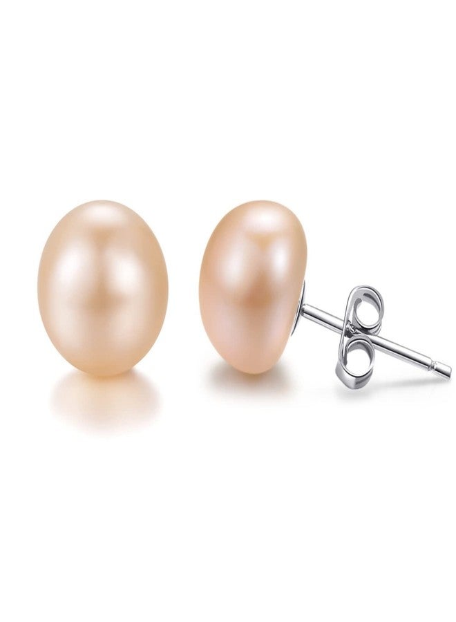 HIGHSPARK 925 Silver Pearl Earrings for Women | 92.5 Sterling Silver & Brilliant Lustre Freshwater Button Pearls | Lovely Gift for Women & Girls - Pearl Peach - Image 1