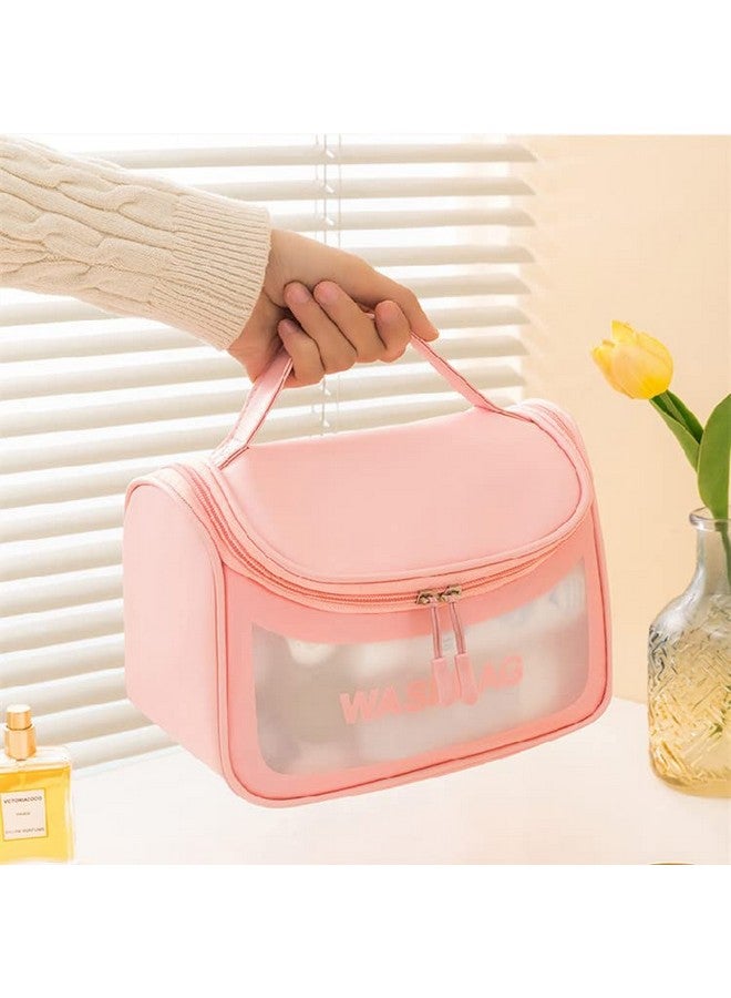 VALAMJI Multipurpose Transparent PVC Zipper Cosmetic Travel Wash Bag Organizer Toiletry Makeup Portable Carry Bag for Women Girls (1 PCS - Pink) - Image 3
