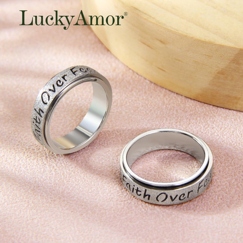 LuckyAmor Fidget Spinner Ring for Women - Faith Over Fear Stainless Steel Anxiety Relief Rings for Adults, Christian Inspirational Hope Thumb Ring for Stress & Focus, Jewelry Gift for Women Men (Silver, 8) - Image 4