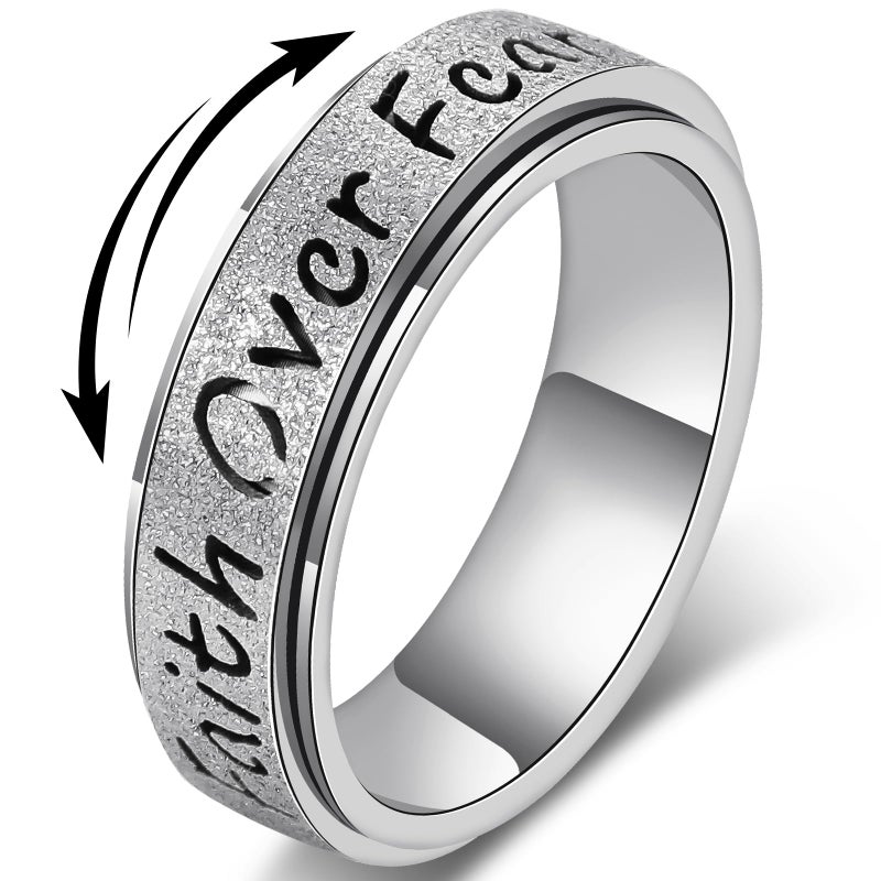 LuckyAmor Fidget Spinner Ring for Women - Faith Over Fear Stainless Steel Anxiety Relief Rings for Adults, Christian Inspirational Hope Thumb Ring for Stress & Focus, Jewelry Gift for Women Men (Silver, 8) - Image 1