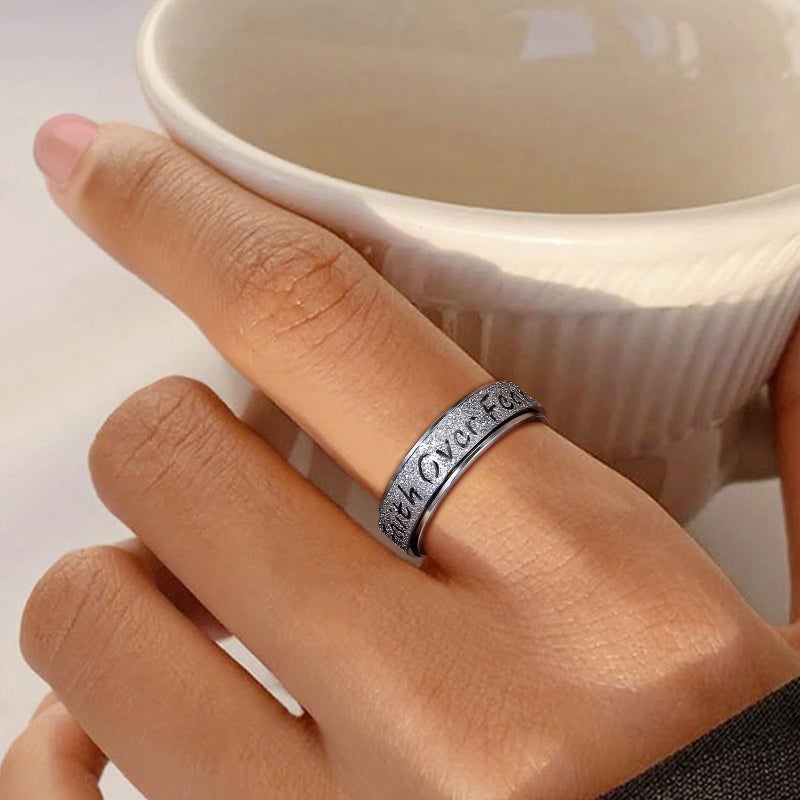 LuckyAmor Fidget Spinner Ring for Women - Faith Over Fear Stainless Steel Anxiety Relief Rings for Adults, Christian Inspirational Hope Thumb Ring for Stress & Focus, Jewelry Gift for Women Men (Silver, 8) - Image 3