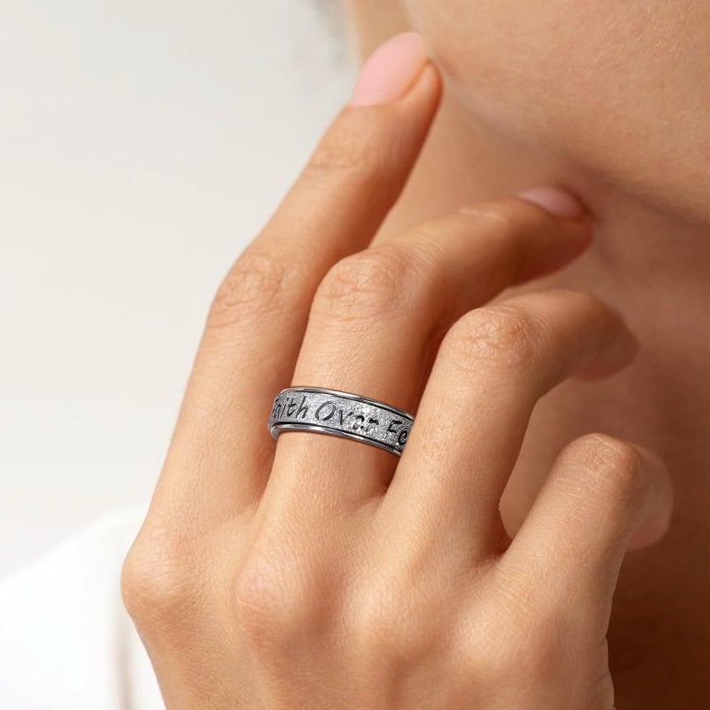 LuckyAmor Fidget Spinner Ring for Women - Faith Over Fear Stainless Steel Anxiety Relief Rings for Adults, Christian Inspirational Hope Thumb Ring for Stress & Focus, Jewelry Gift for Women Men (Silver, 8) - Image 2