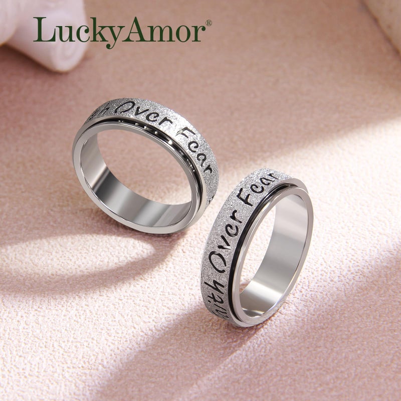 LuckyAmor Fidget Spinner Ring for Women - Faith Over Fear Stainless Steel Anxiety Relief Rings for Adults, Christian Inspirational Hope Thumb Ring for Stress & Focus, Jewelry Gift for Women Men (Silver, 8) - Image 5