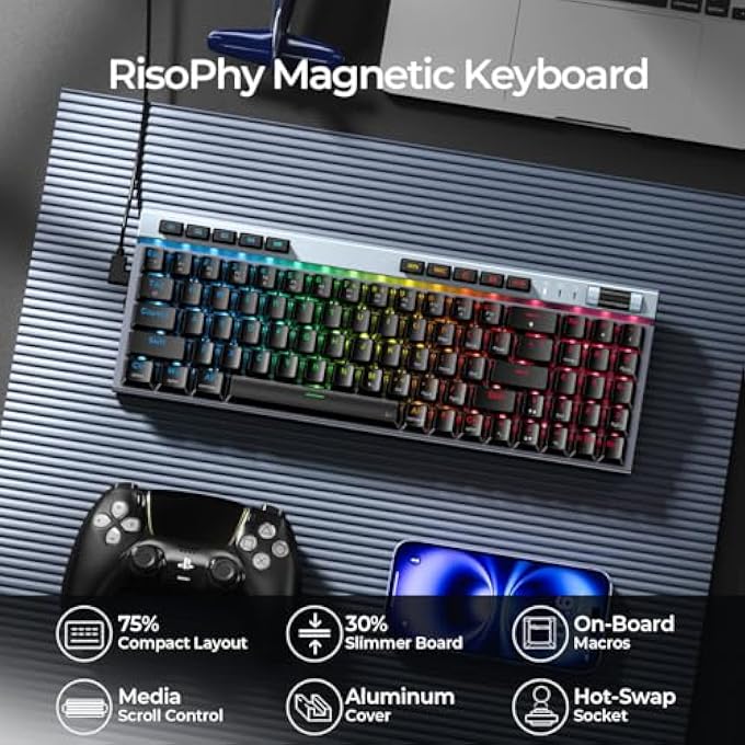 RisoPhy RGB MECHANICAL GAMING KEYBOARD, 78 KEYS HOT-SWAP MECHANICAL KEYBOARD WITH MAGNETIC RED SWITCHES, ERGONOMIC KEYBOARD WITH ALUMINUM COVER/MEDIA KEYS/SOFTWARE/DUAL SYSTEM WIRED KEYBOARD FOR PC/MAC GAMER - Image 2