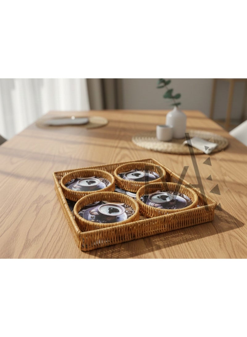 Eva Rattan Tea & Coffee Serving Set – 5 Pieces - Image 1