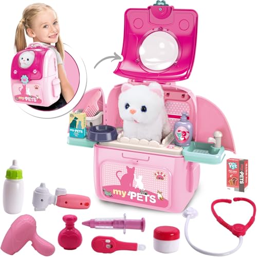 Magic4U Pet Cat Carrier Backpack Toy MAGIC4U 23PCS Pet Care Play SetVet Clinic and Doctor Kit for Kids Veterinarian Pretend Play Set for Girls Ages 36 Pink - Image 1