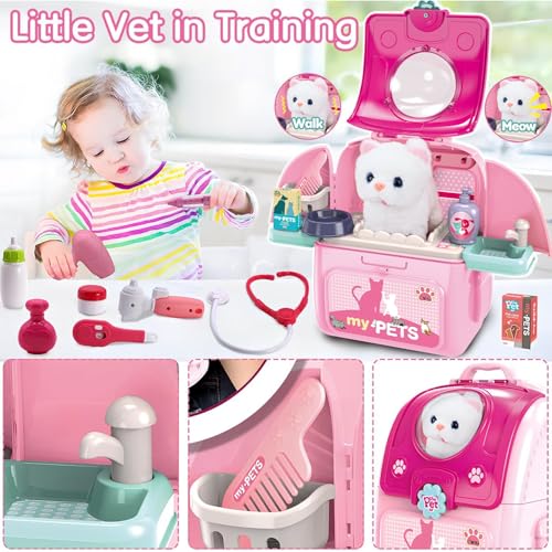 Magic4U Pet Cat Carrier Backpack Toy MAGIC4U 23PCS Pet Care Play SetVet Clinic and Doctor Kit for Kids Veterinarian Pretend Play Set for Girls Ages 36 Pink - Image 5
