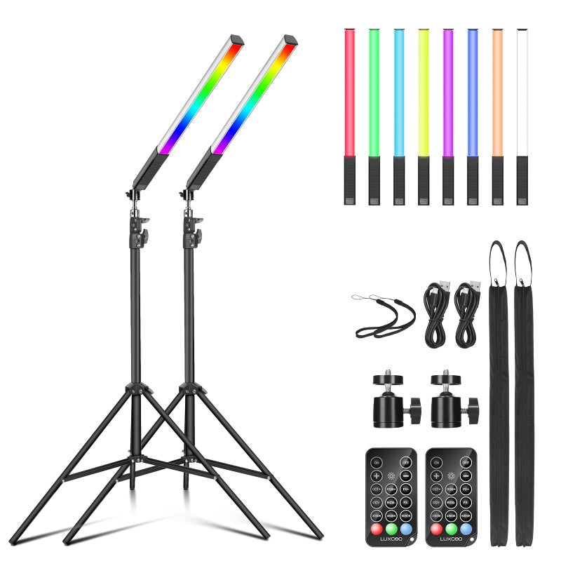 LUXCEO 2 Pack RGB LED Video Light Wand Stick LUXCEO Photography Studio Lighting Kits with 29 to 81 Tripod Remote Control Dimmable Photography Light Wand 36 Colors 3000K6000K