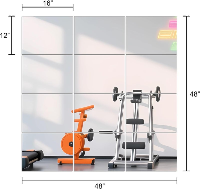 Ruomeng Home Gym Mirror Tiles - 12" x 16" x 12Pcs Frameless Full Length Wall Mirror Tiles Wall Mounted Mirror for Vanity Bedroom, Living Room - Image 3