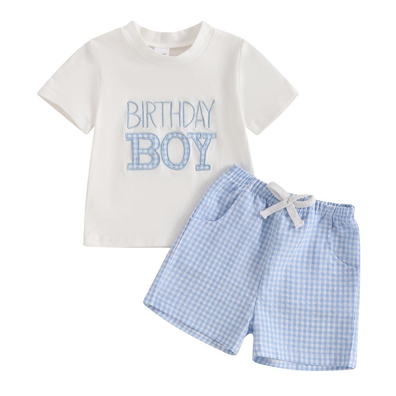Frietlebird First Birthday Outfit Boy 1st Birthday Outfit Boy Short Sleeve Letters Print Shirt Shorts Set Baby Summer Birthday Clothes (A-White Blue,12-18 Months) - Image 1