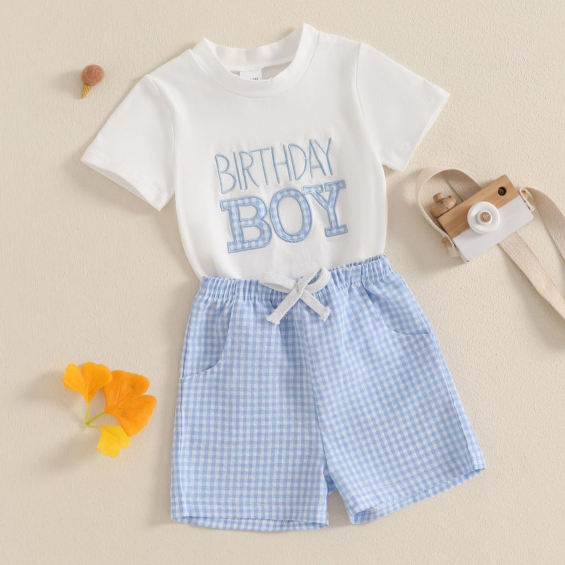 Frietlebird First Birthday Outfit Boy 1st Birthday Outfit Boy Short Sleeve Letters Print Shirt Shorts Set Baby Summer Birthday Clothes (A-White Blue,12-18 Months) - Image 2