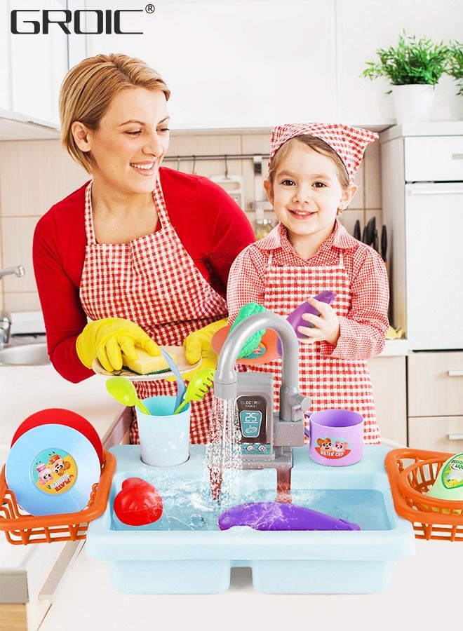 GROIC التظاهر اللعب بالوعة المطبخ مع المياه الجارية، أطفال يلعبون لعبة المطبخ بالوعة غسالة الصحون الإلكترونية، التظاهر لعب الأدوار مجموعة ألعاب المطبخ مع صنبور العمل والأطباق المطورة - Image 4
