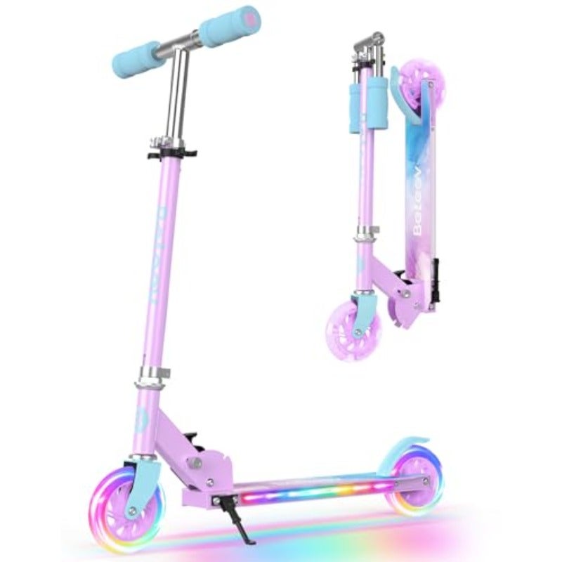 V1Plus Folding Scooter for Ages 3-12 Light-Up Wheels Deck 2-Wheel Scooter for Girls and Boys 3 Adjustable Heights Non-Slip Deck and Sturdy Kickstand - Image 1