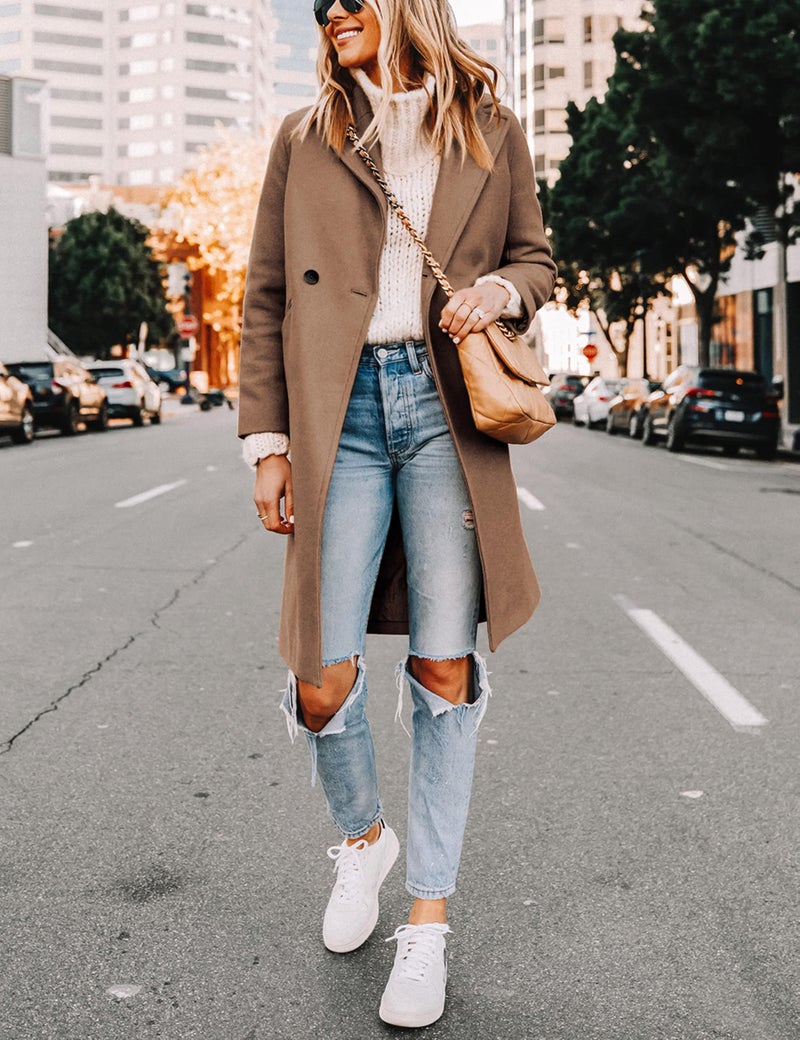 Tanming Women's Notch Lapel Double Breasted Wool Blend Mid Long Pea Trench Coat (Camel-XS) - Image 4