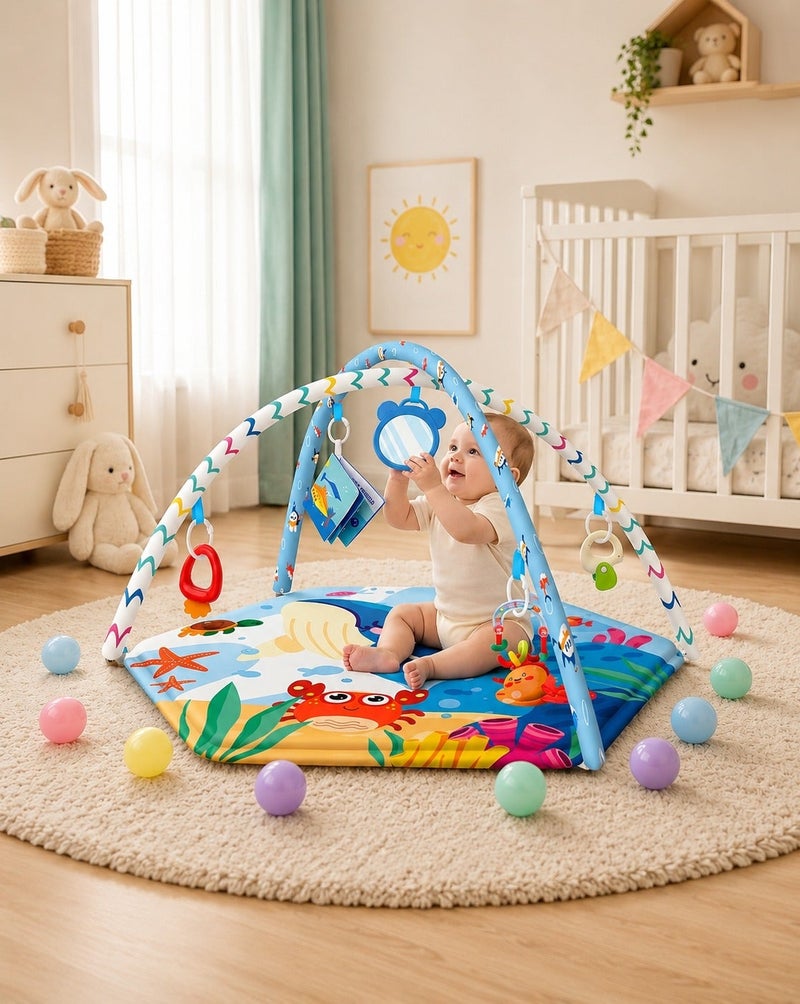 O2. Blue Whale Baby Gym Play Mat with 20 Balls, Infant Crawling Activity Mat with Hanging Toys, Cloth Book, Mirror and Teething Rattle, 80 x 80 cm - Image 1