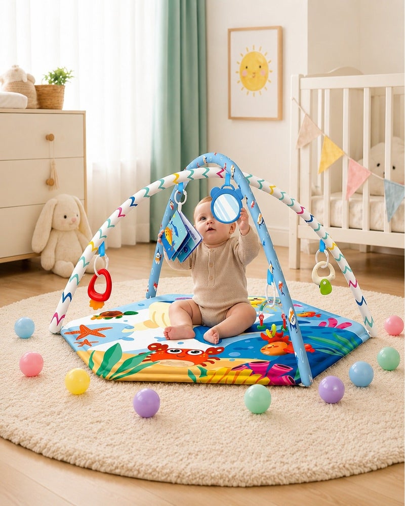 O2. Blue Whale Baby Gym Play Mat with 20 Balls, Infant Crawling Activity Mat with Hanging Toys, Cloth Book, Mirror and Teething Rattle, 80 x 80 cm - Image 2
