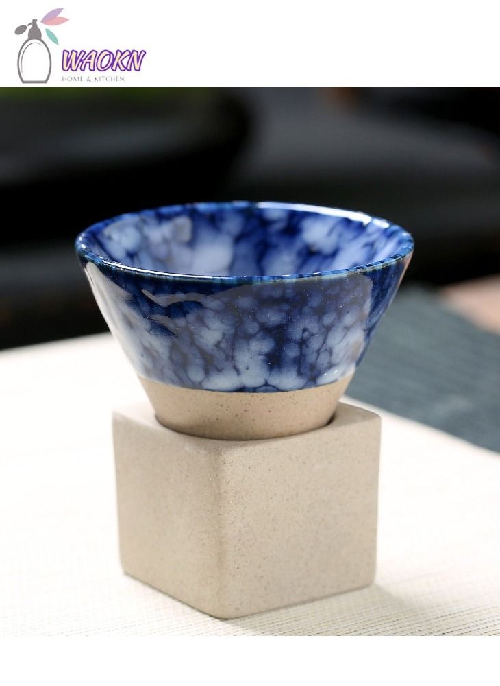 WAOKN - 100ml Creative Triangular Cone Shape Porcelain Mug Coarse Pottery Coffee Mug with Base Pull Flower Porcelain Cup Tea Cup Multi Color (Dark Blue) - Image 1