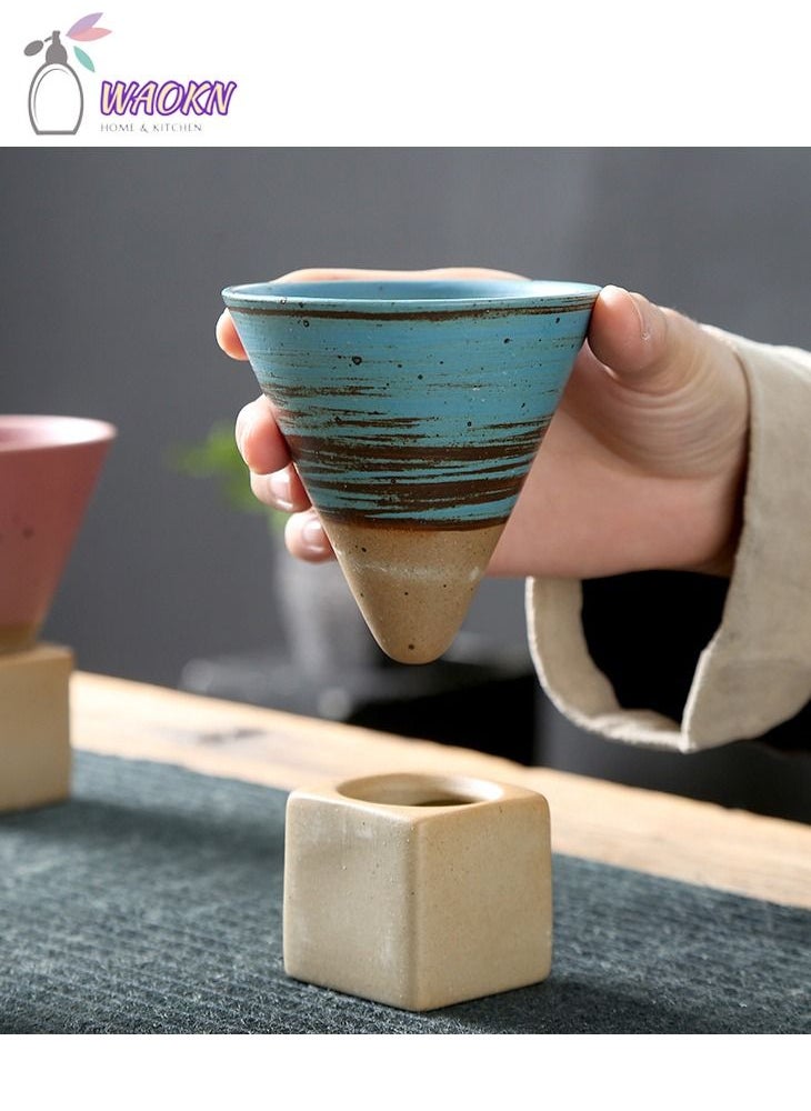 WAOKN - 100ml Creative Triangular Cone Shape Porcelain Mug Coarse Pottery Coffee Mug with Base Pull Flower Porcelain Cup Tea Cup Multi Color (Dark Blue) - Image 1