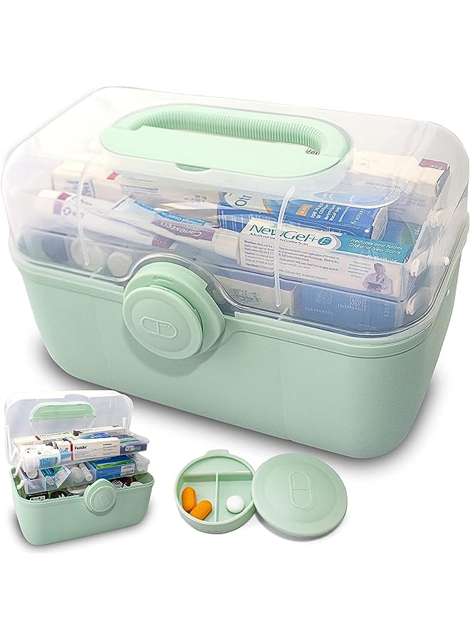 IAF Plastic Medical Storage Box Clear Medicine Box Organizer Container, Home Emergencies First Aid Kit Pill Case with Compartments and Portable Handle for Arts Crafts Bathroom Cosmetics (Green,XL) - Image 1