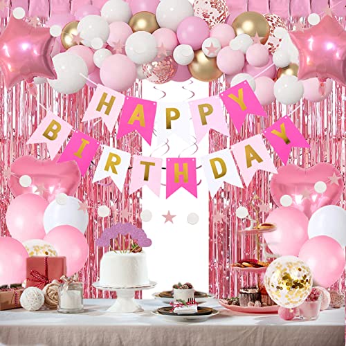HGH Pink Gold Birthday Party Decorations Happy Birthday Banner Pink Fringe Curtain Heart Star Foil Confetti Balloons Hanging Swirls for Women Girls Birthdays Princess Party - Image 1