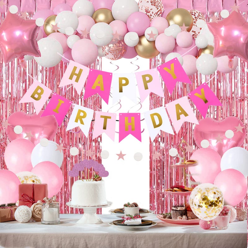 HGH Pink Gold Birthday Party Decorations Happy Birthday Banner Pink Fringe Curtain Heart Star Foil Confetti Balloons Hanging Swirls for Women Girls Birthdays Princess Party - Image 2