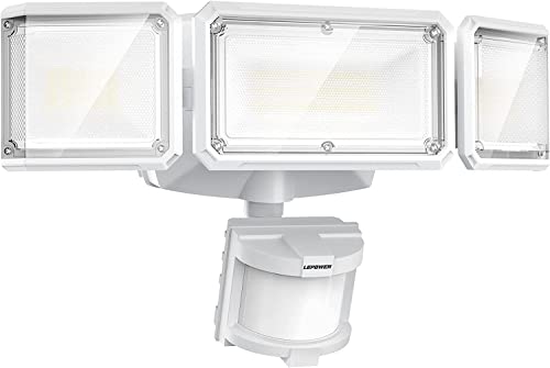 LEPOWER Battery Powered LED Flood Light Outdoor,1500LM Motion Sensor Security Lights, IP65 Waterproof,Wireless Flood Light Battery Operated,3 Head Motion Detector Light for Garage,Yard,Porch(White) - Image 1