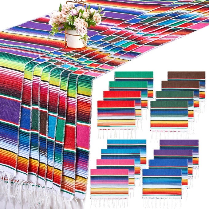 16 PIECE MEXICAN SERAPE TABLE RUNNERS 14 X 84 INCH RAINBOW BOHO FRINGE COTTON MEXICAN THEME PARTY DECORATION FOR CINCO DE MAYO FIESTA WEDDING SERAPE BIRTHDAY PARTY MULTI COLORS