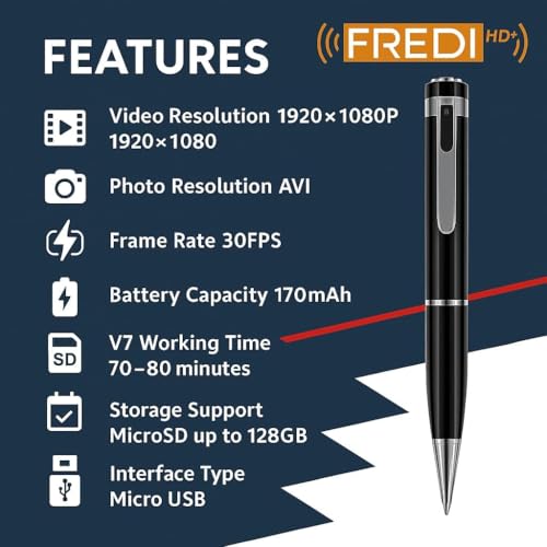 FREDI HD PLUS Full HD 1080p Pocket Pen Camera | 30FPS Smooth Video | JPG Photo Mode | 170mAh Battery | 128 GB SD Card Support | Compact Design for Personal and Professional Use - Image 2