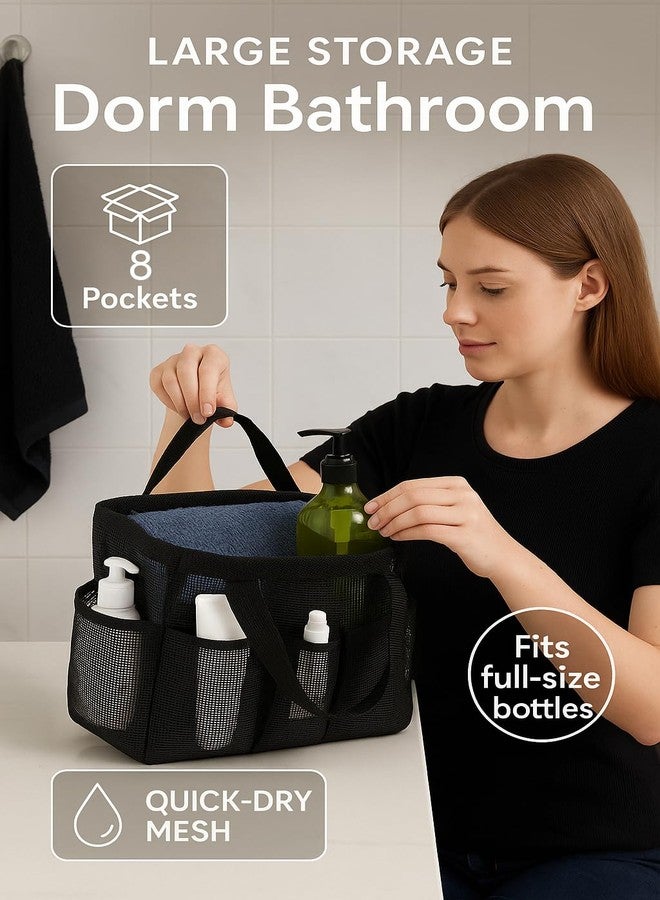F-color Mesh Shower Caddy Portable, Upgrade Deeper 7 Pockets Shower Bag Basket Tote for College Dorm Room Toiletry Bathroom Essentials Gym Camp Quick Dry 2 handles with S Hook, Black - Image 2