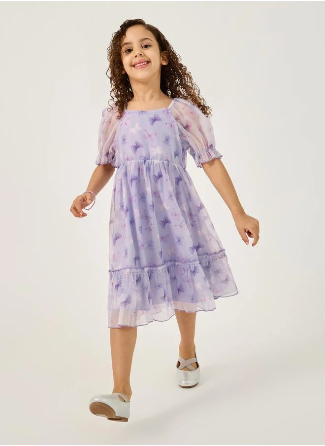 Styli Styli Butterfly Print Square Neck Organza Dress