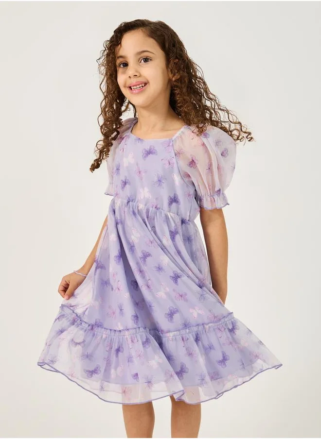Styli Styli Butterfly Print Square Neck Organza Dress