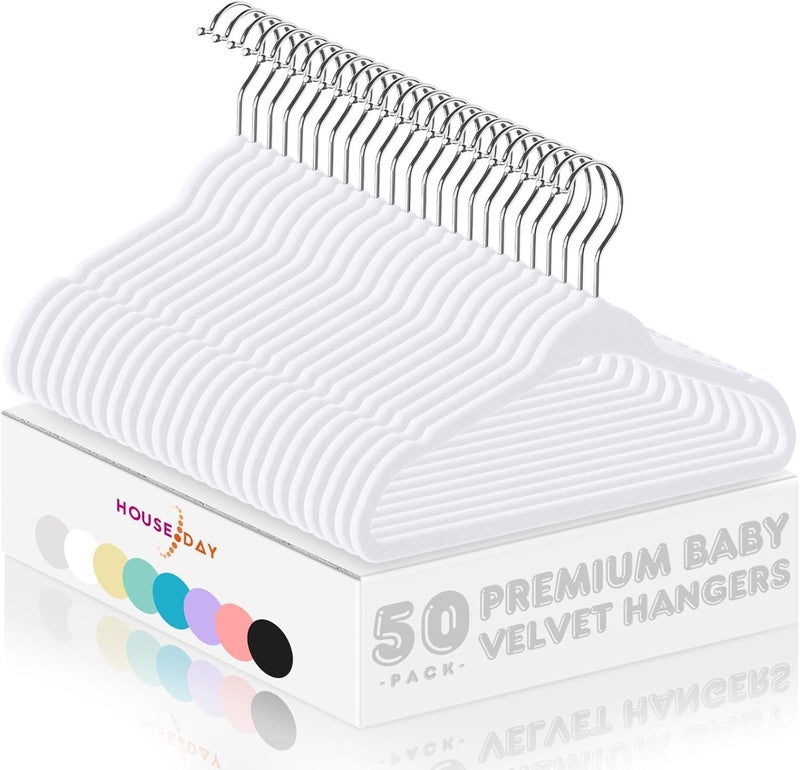 HOUSE DAY 50 Pack White Velvet Baby Hangers - Non-Slip Infant & Toddler Clothes Hangers - Image 1
