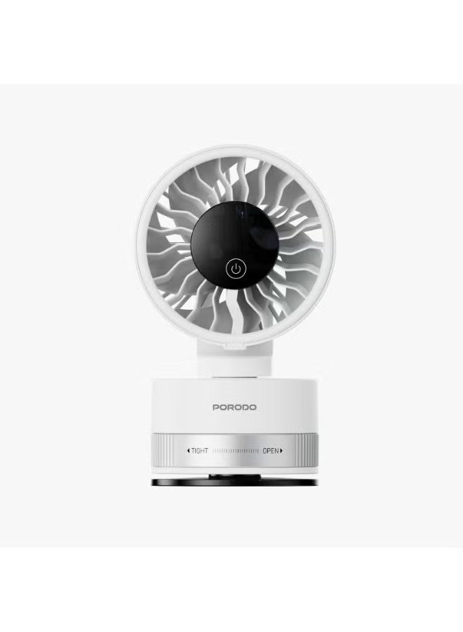 porodo Chillo Luxe Portable Suction Cup Fan / 4000mAh Rechargeable Cooling Fan / 100 Adjustable Speed Levels / Secure Suction Base Fan / Low Noise Operation / LED Power Display / USB Rechargeable Desk Fan - White - Image 2