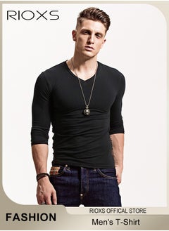 RIOXS Men's T-Shirts Long Sleeve T-Shirt Casual Blouse Fashion Loose Comfy Lightweight T-Shirts Soft Stretchy V-Neck Tops  - Image 1