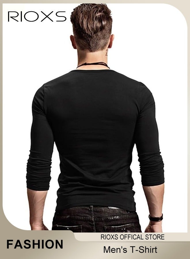 RIOXS Men's V-Neck Long Sleeve T-Shirt, Casual Slim Fit Tees for Men, Comfy Lightweight Stretchy V-Neck Tops, Spring Fall Breathable Solid Color  Undershirt Base Layer Top for Daily Wear, Commuting, Family Gatherings, Outdoor Adventures and More, Black - Image 2