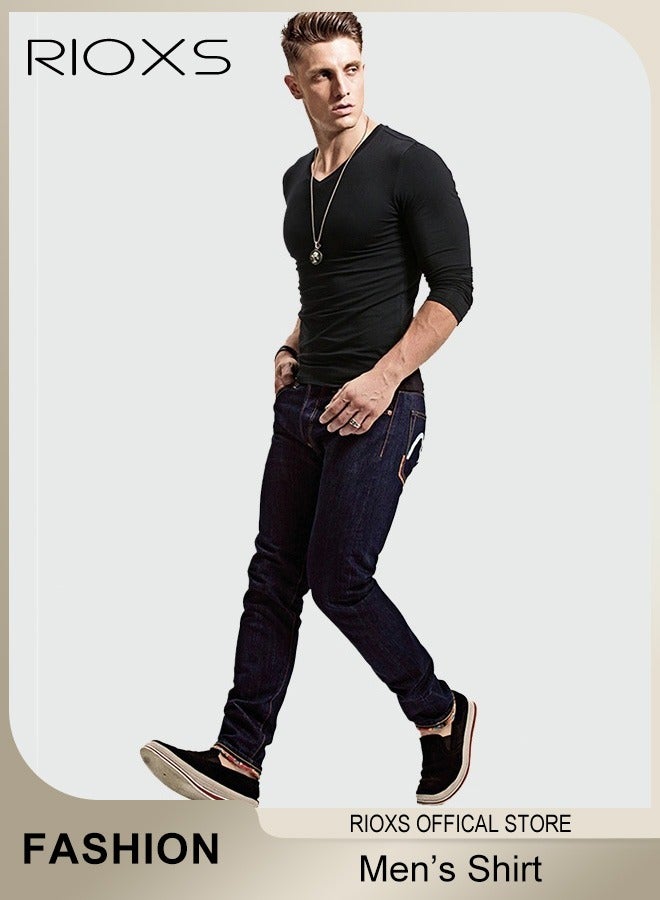 RIOXS Men's V-Neck Long Sleeve T-Shirt, Casual Slim Fit Tees for Men, Comfy Lightweight Stretchy V-Neck Tops, Spring Fall Breathable Solid Color  Undershirt Base Layer Top for Daily Wear, Commuting, Family Gatherings, Outdoor Adventures and More, Black - Image 3