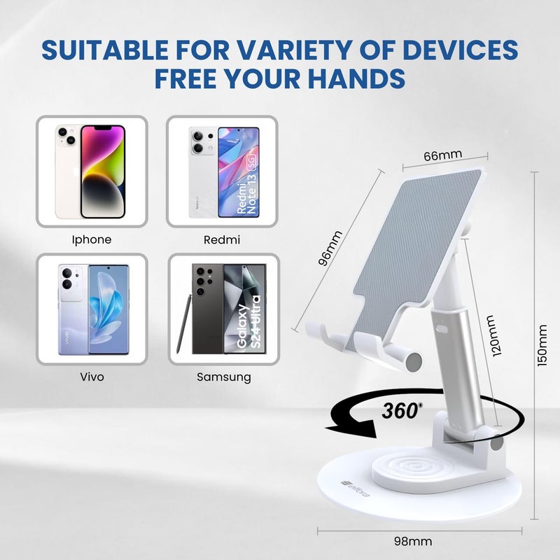 Elfora 360° Rotating Mobile Phone Stand | Foldable, Height & Angle Adjustable Phone Holder for Desk | Portable & Stable Design | Compatible with iPhone, Samsung, Vivo, Oneplus & All Smartphones(White) - Image 2