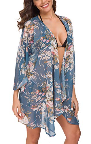 Olrain كيمونو كاردجانغ للنساء من أولراين بطبعة زهور وشيفون شفاف بأكمام بات 3/4 (كبير، أزرق وردي) - Image 3