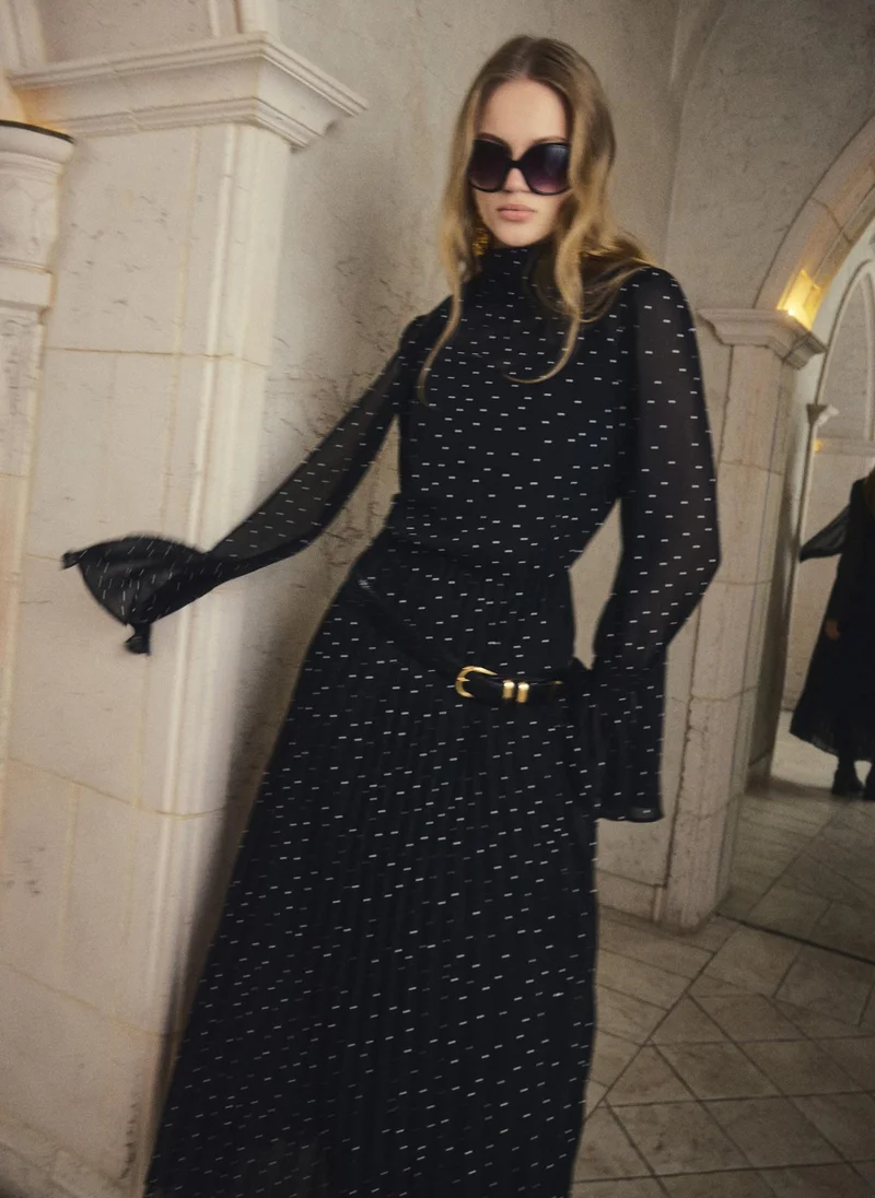 Lichi  Polka dot maxi dress with ribbon scarf for Women | Best Price UAE