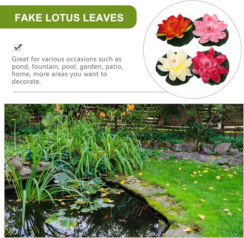 4pcs Artificial Floating Lotus Flowers 18cm with Realistic Water Lily Pads, Multi-Color Beige Orange Red Pink, Fish Tank and Garden Pond Decor for Home and Outdoor Use - Image 3