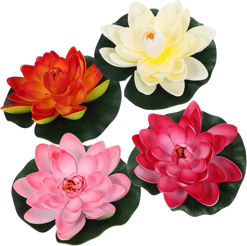 4pcs Artificial Floating Lotus Flowers 18cm with Realistic Water Lily Pads, Multi-Color Beige Orange Red Pink, Fish Tank and Garden Pond Decor for Home and Outdoor Use - Image 1