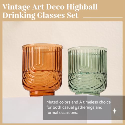 TrophyToast Colored Vintage Drinking Glasses Set of 6-15oz Hand-Blown Highball Ribbed Glassware, Arch Design Cocktail Glasses for Whiskey Water Beverages Ice Coffee Juice Milk - Image 5