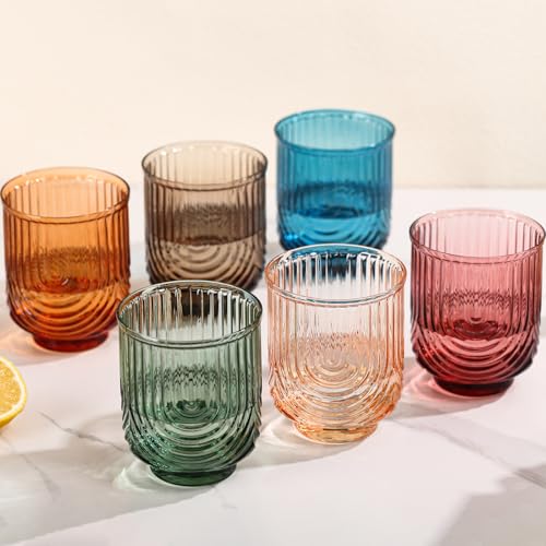 TrophyToast Colored Vintage Drinking Glasses Set of 6-15oz Hand-Blown Highball Ribbed Glassware, Arch Design Cocktail Glasses for Whiskey Water Beverages Ice Coffee Juice Milk - Image 1