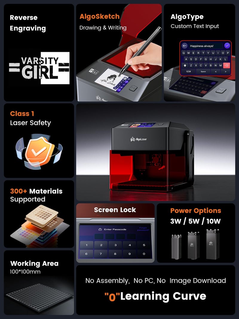 AlgoLaser 10W Portable Laser Engraver Machine: Smart Laser Engraver/Cutter with 3.5" Touchscreen & AlgoOS System - Hand Draw/Wireless Transmission/Offline - Laser Engraving for Wood,Metal,Glass - Image 3