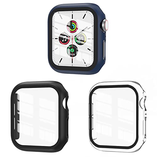 EWUONU 3 Pack Case Compatible with Apple Watch SE 3 Series 6/5/4 40mm with Tempered Glass Screen Protector, Hard PC Full Coverage Ultra-Thin HD Bumper Protective Cover for iWatch 40mm,Black/Blue/Clear - Image 1