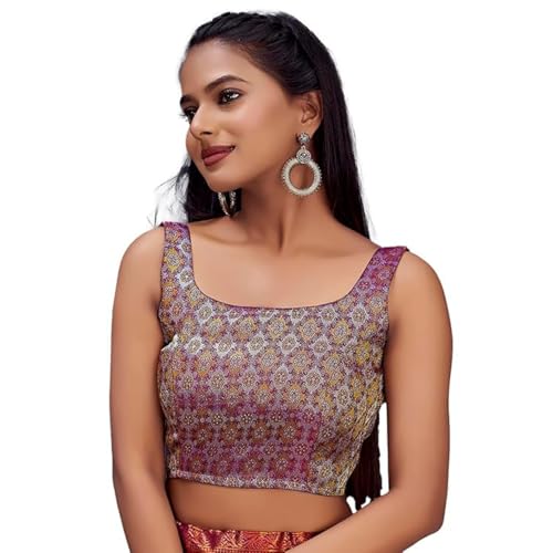 Vardha Women's Readymade Brocade Sleeveless Saree Blouse, Padded Art Silk Blouse for Women (Wine) - Image 4