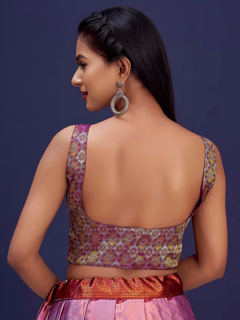 Vardha Women's Readymade Brocade Sleeveless Saree Blouse, Padded Art Silk Blouse for Women (Wine) - Image 3