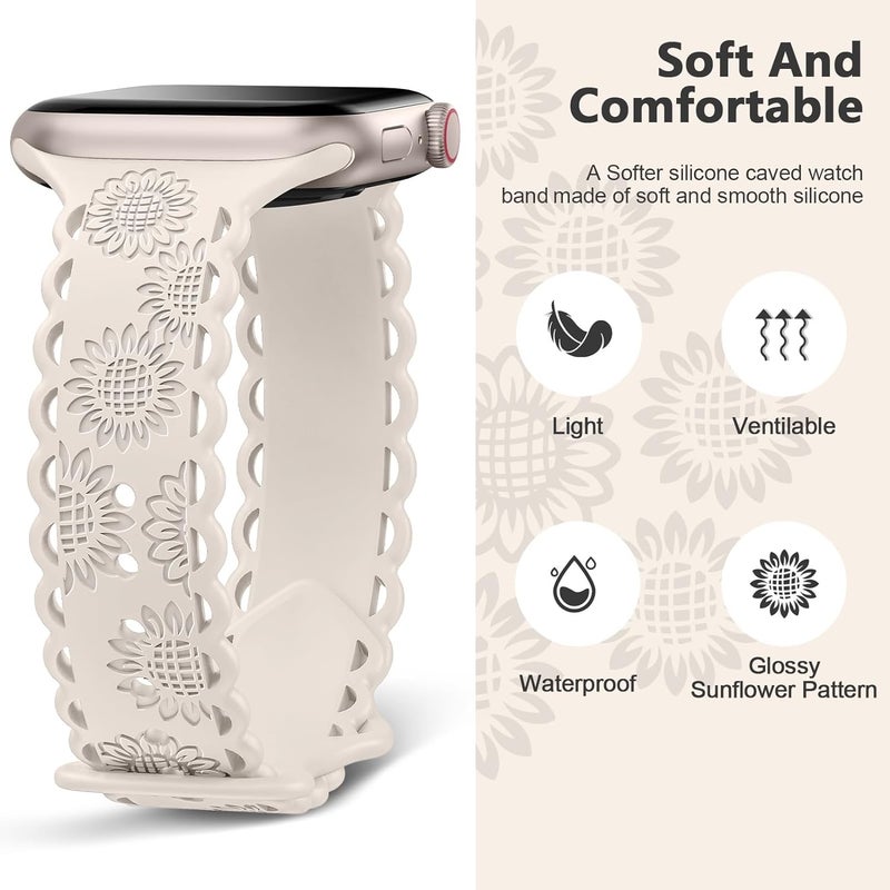 إيروريكس سوار ساعة Apple Watch Series 8 مقاس 41 مم من السيليكون المنقوش بنقشة عباد الشمس من الدانتيل (ضوء النجوم) - Image 2