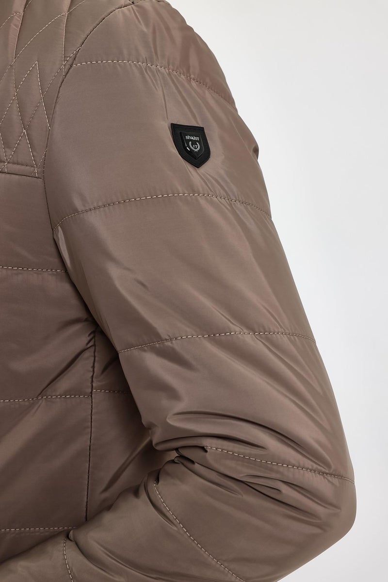 Sivaist Men's Cream Standard Fit Normal Cut Fur Lined Stand Collar Snap Detail Zippered Winter Coat  - Image 4